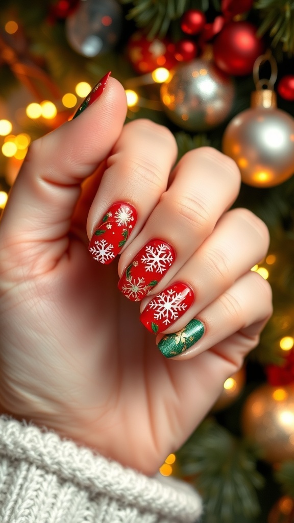 Festive Christmas nail art with red and green colors, snowflakes, and gold accents.